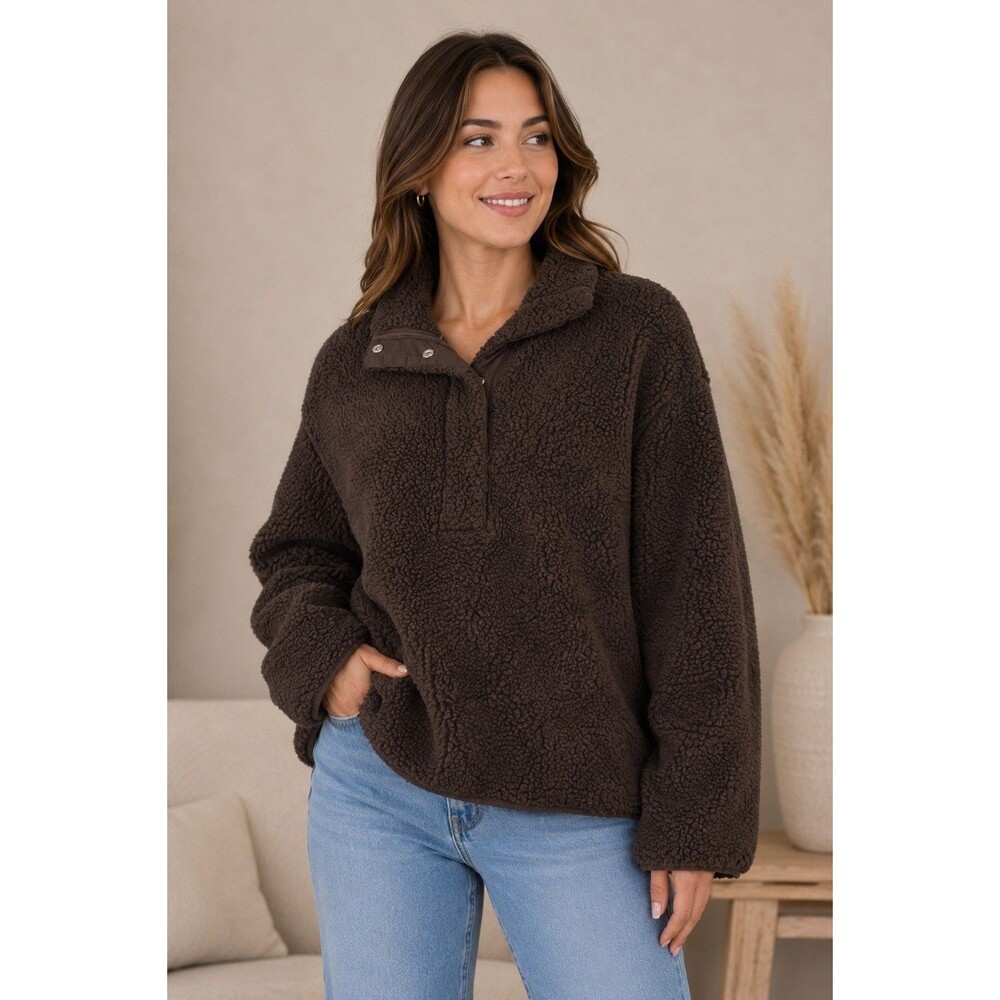 H&M Teddy Fleece Pullover Size S Brown Sherpa Snap Front Cozy Jacket